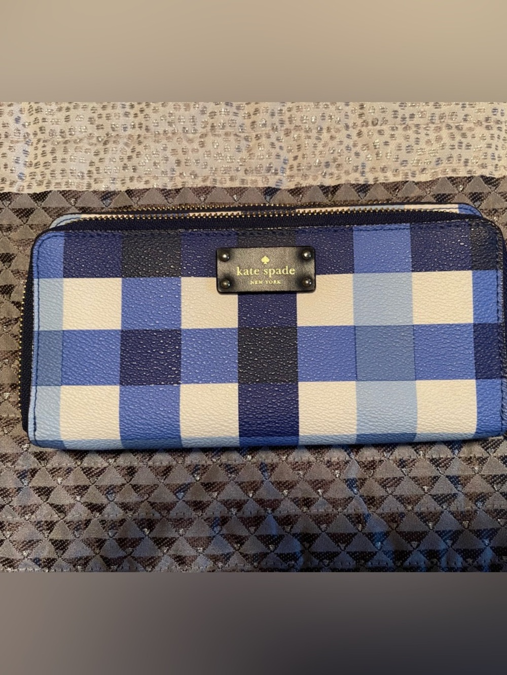 kate spade Blue and Cream Plaid Leather Clutch